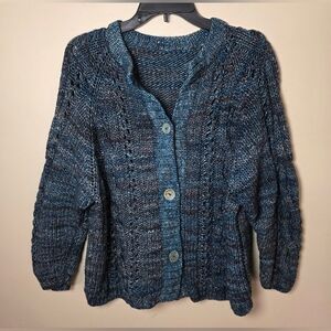 Hand Knit Cable Knit Cardigan Sweater Blue